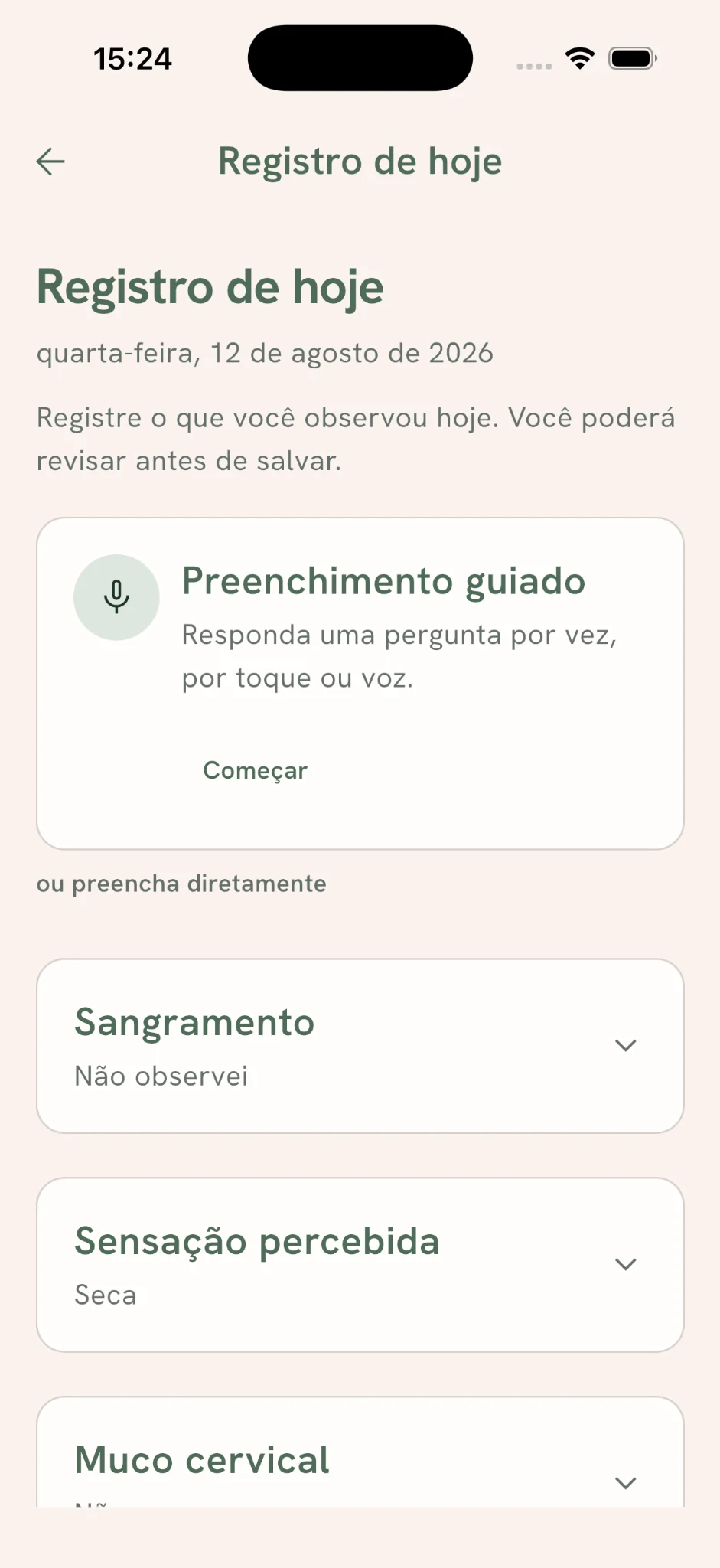 Tela real de registro diário do Natus em português